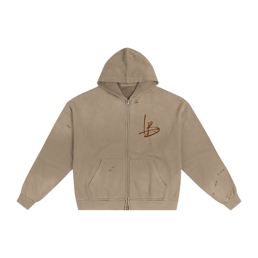 Long Beach Casual Wear - Hand-Frayed Sunfade Zip Hoodie ( Brown)