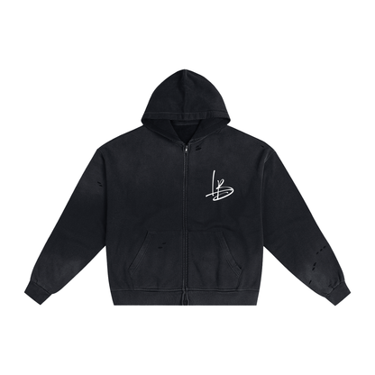 Long Beach Casual Wear - Hand-Frayed Sunfade Zip Hoodie (White)