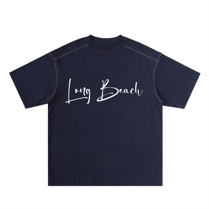 Long Beach Casual Wear - Oversized Contrast-Stitched Cotton Tee