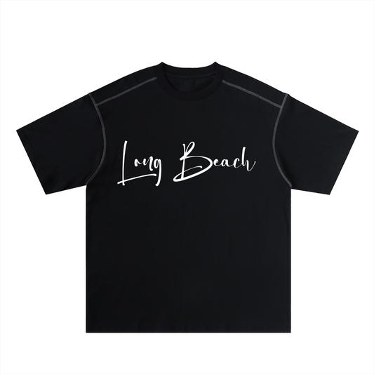 Long Beach Casual Wear - Oversized Contrast-Stitched Cotton Tee