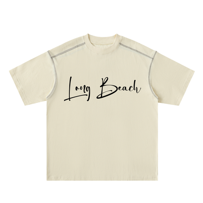 Long Beach Casual Wear - Oversized Contrast-Stitched Cotton Tee