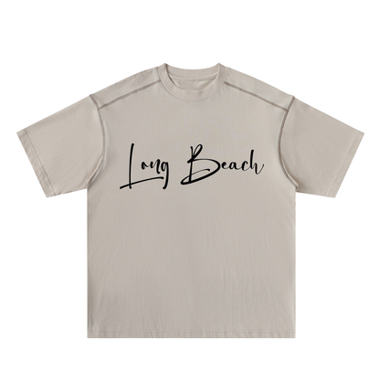 Long Beach Casual Wear - Oversized Contrast-Stitched Cotton Tee