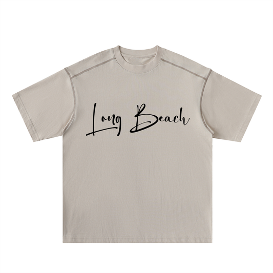 Long Beach Casual Wear - Oversized Contrast-Stitched Cotton Tee