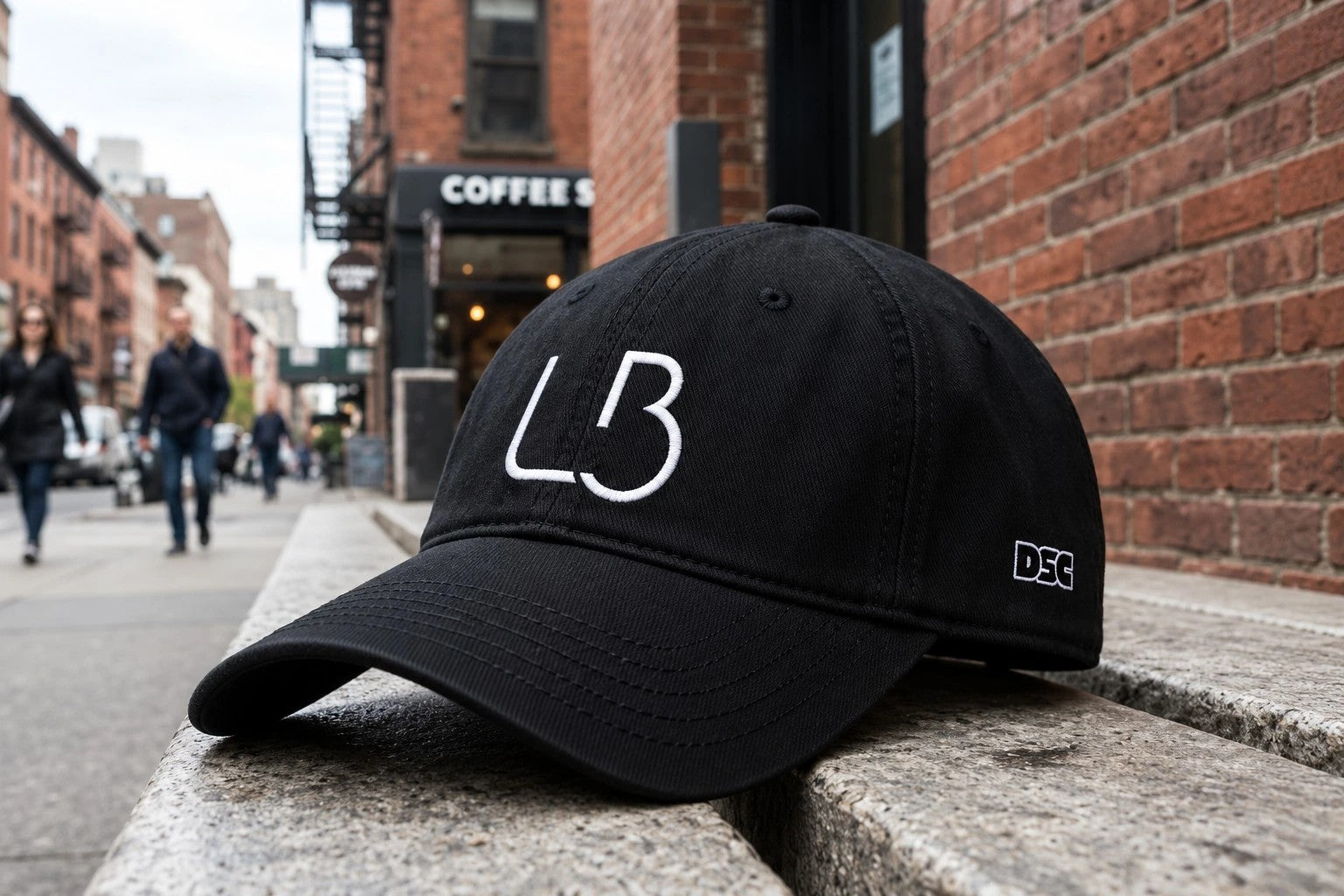 Accessories: black LB cap on the city steps