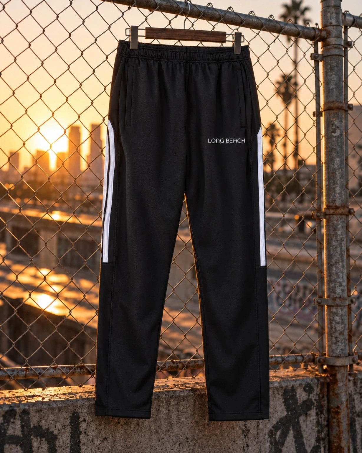 Bottoms: black Long Beach track pants